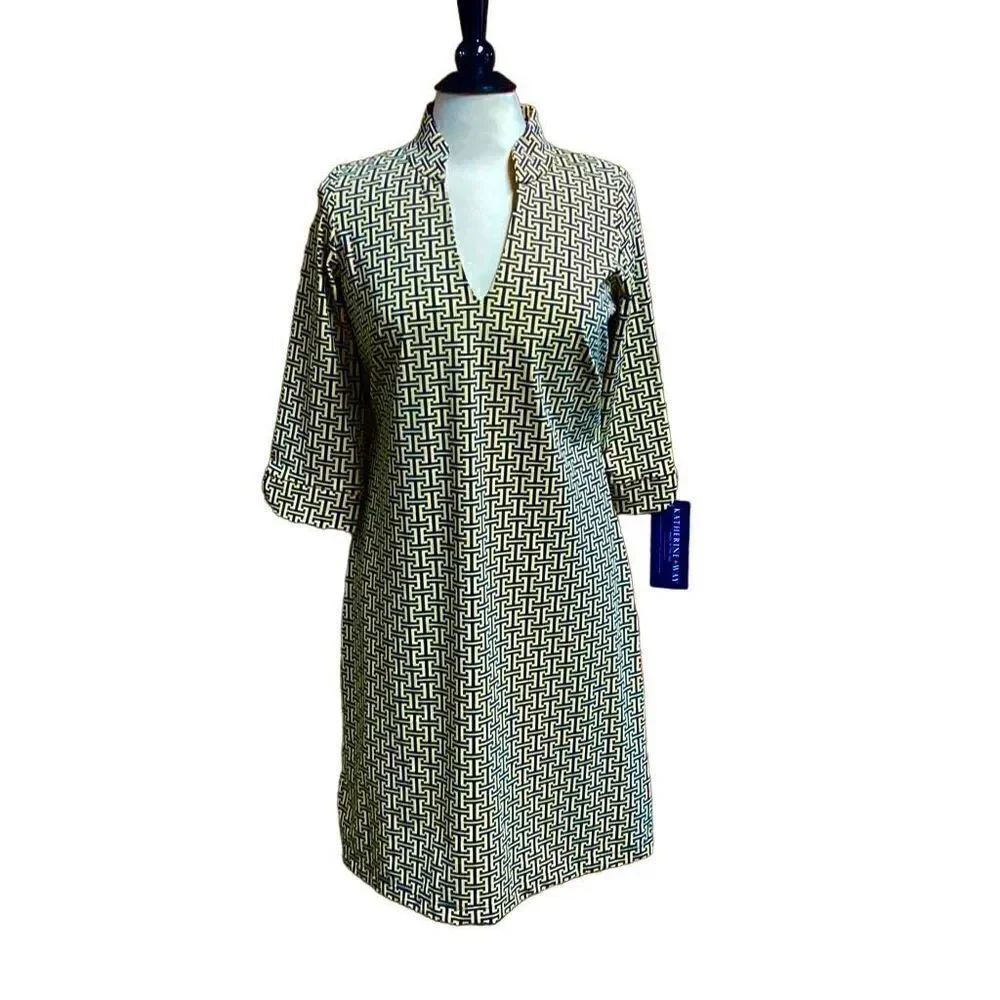 Katherine Way Tan & Black Geometrical Print 3/4 Sleeve Dress Size Medium NWT